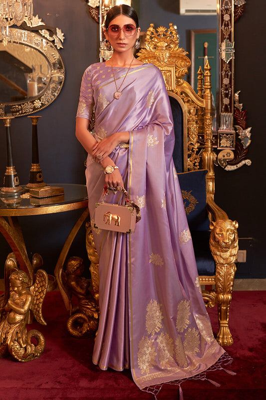 Exquisite Lavender Soft Banarasi Silk Saree With Devastating Blouse Piece