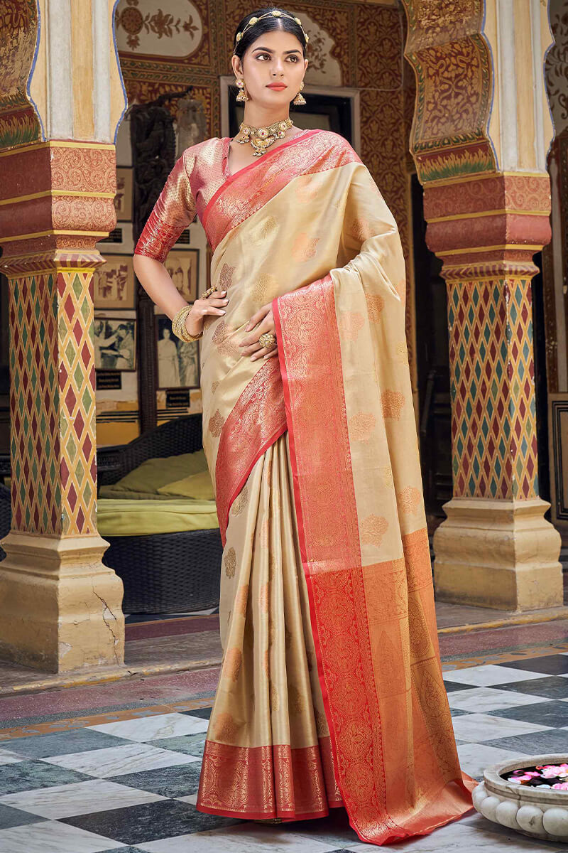 Lissome Beige Soft Banarasi Silk Saree With Petrichor Blouse Piece