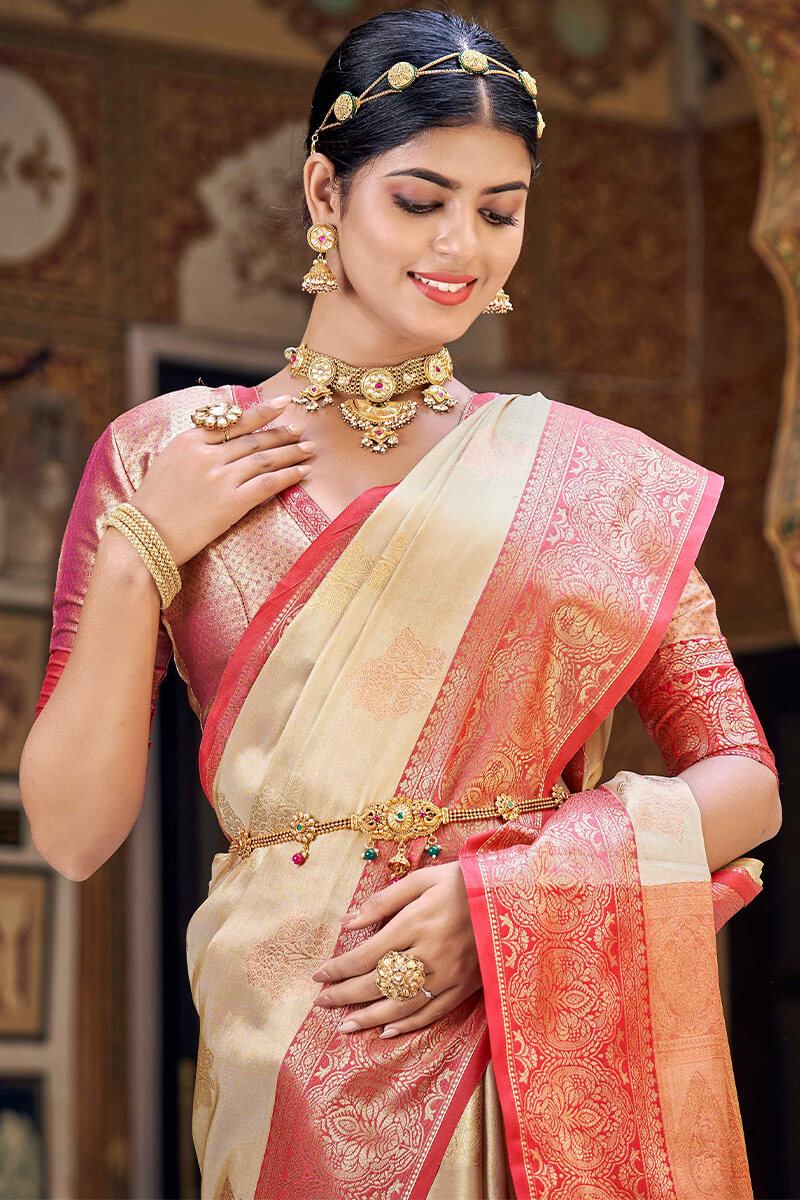 Lissome Beige Soft Banarasi Silk Saree With Petrichor Blouse Piece