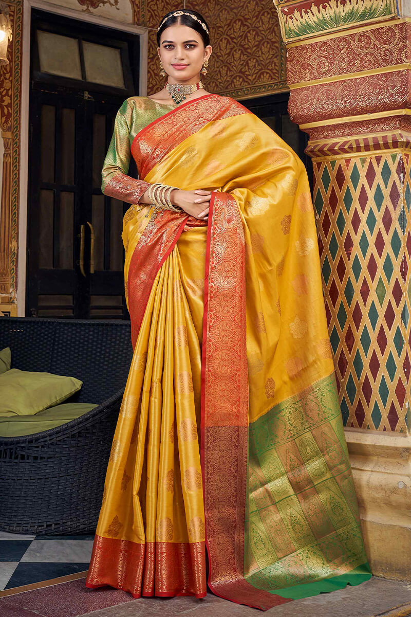 Imaginative Yellow Soft Banarasi Silk Saree With Improbable Blouse Piece