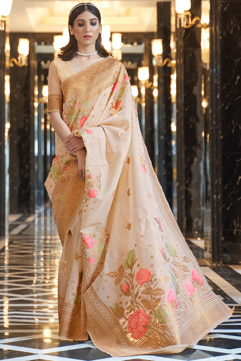 Gratifying Beige Cotton Silk Saree With Phenomenal Blouse Piece