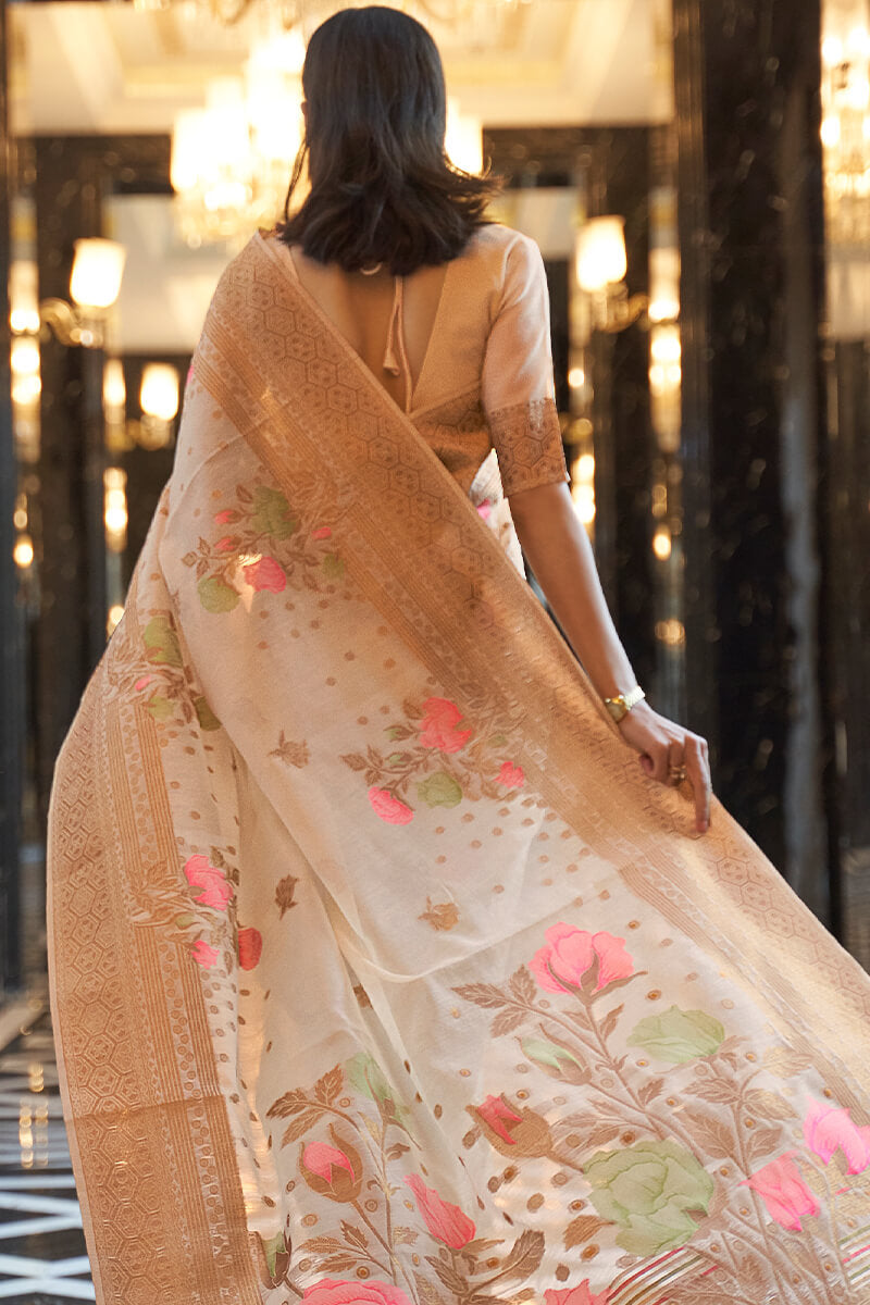 Gratifying Beige Cotton Silk Saree With Phenomenal Blouse Piece