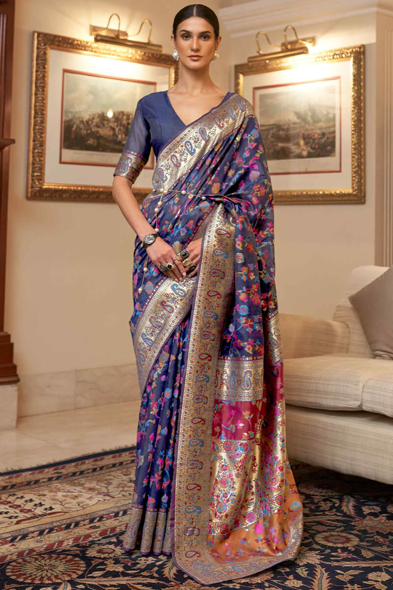 Exuberant Navy Blue Pashmina saree With Ratatouille Blouse Piece