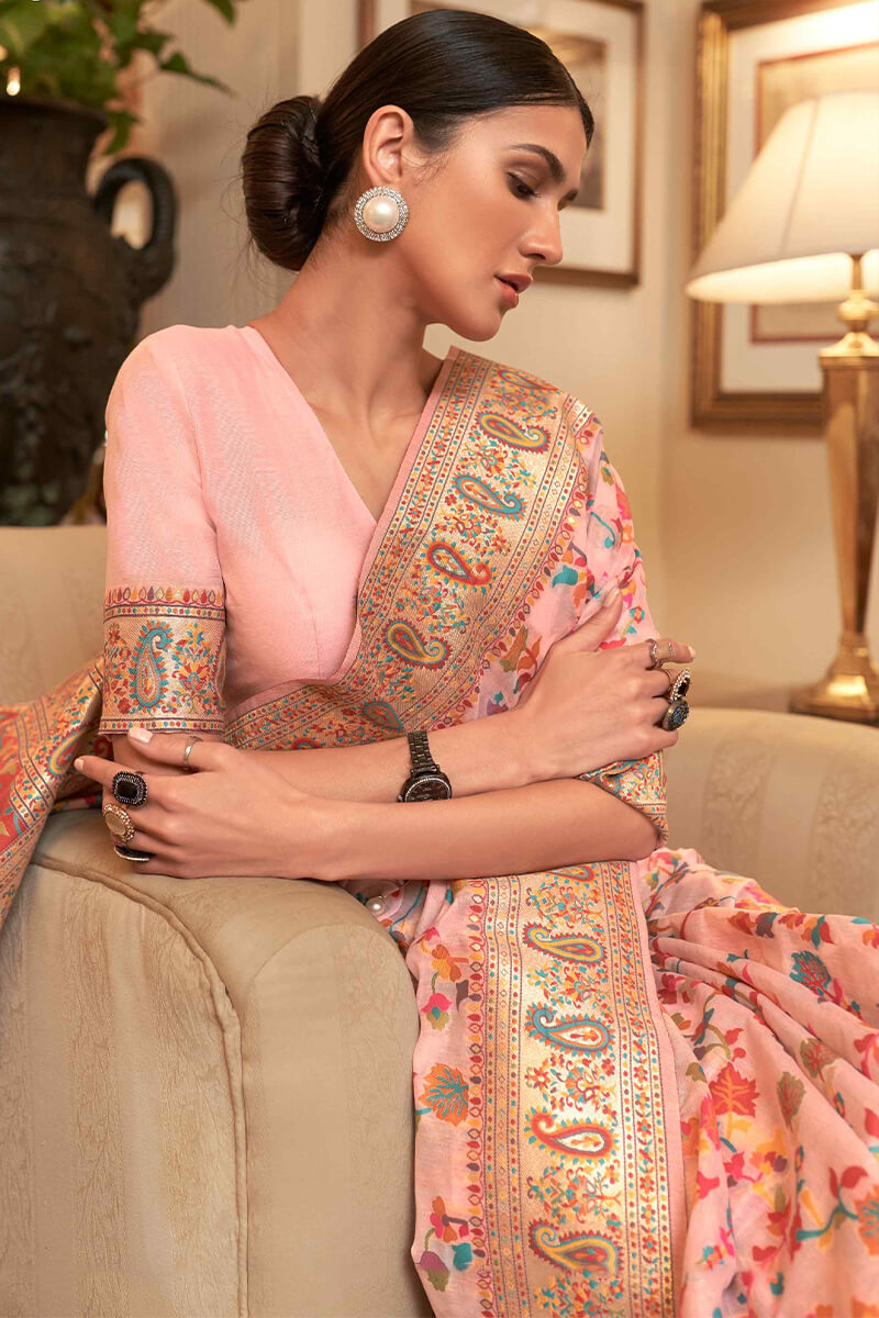 Exuberant Baby Pink Pashmina saree With Ratatouille Blouse Piece