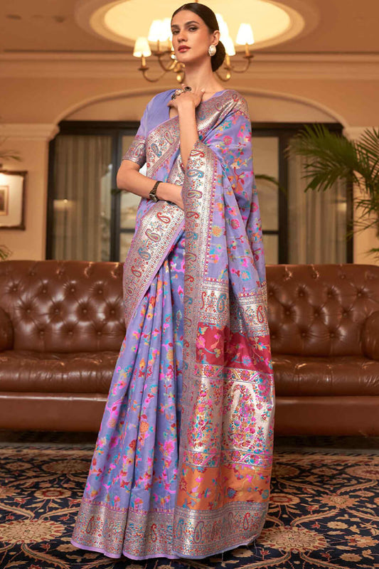 Exuberant Lavender Pashmina saree With Ratatouille Blouse Piece