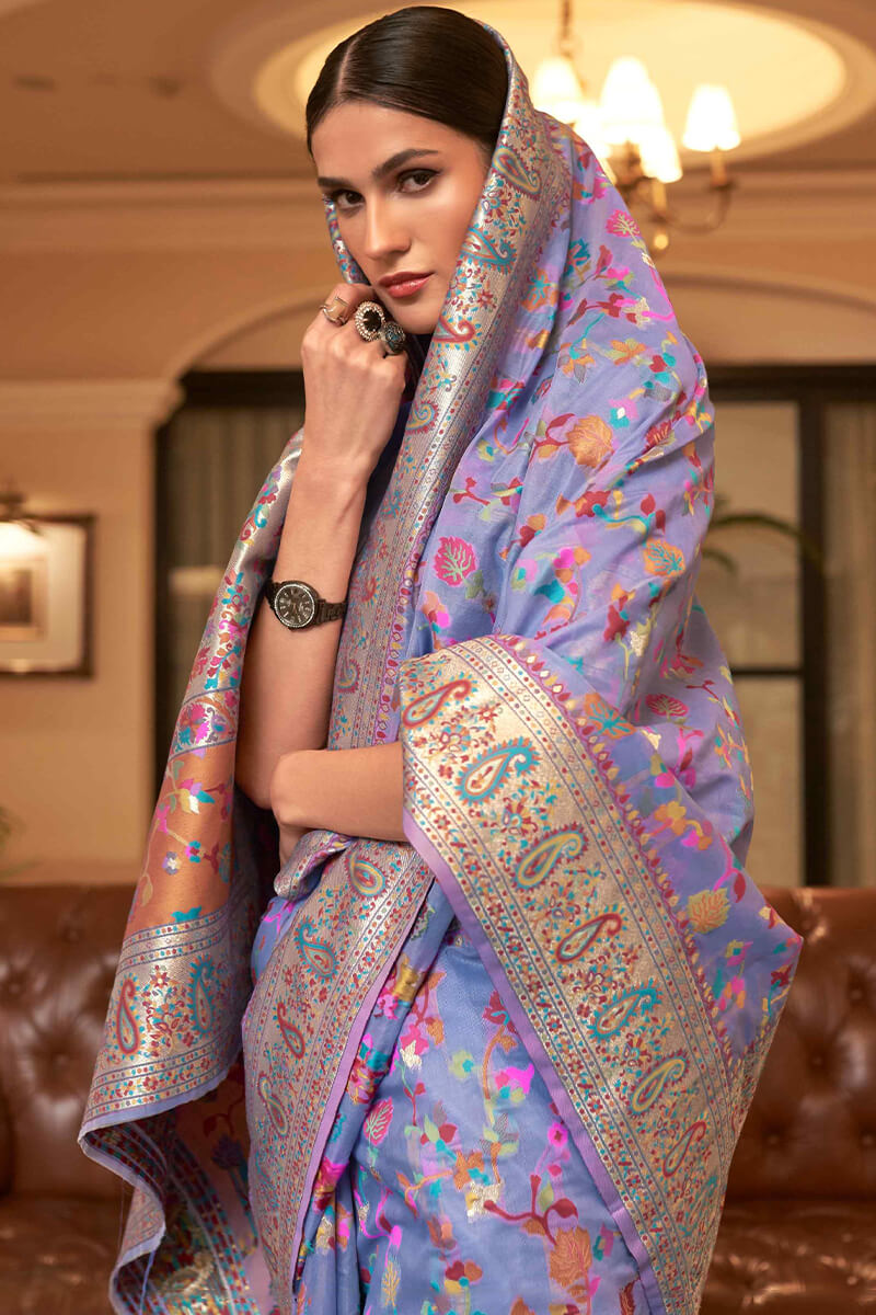 Exuberant Lavender Pashmina saree With Ratatouille Blouse Piece