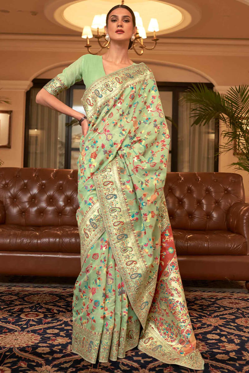 Exuberant Pista Pashmina saree With Ratatouille Blouse Piece