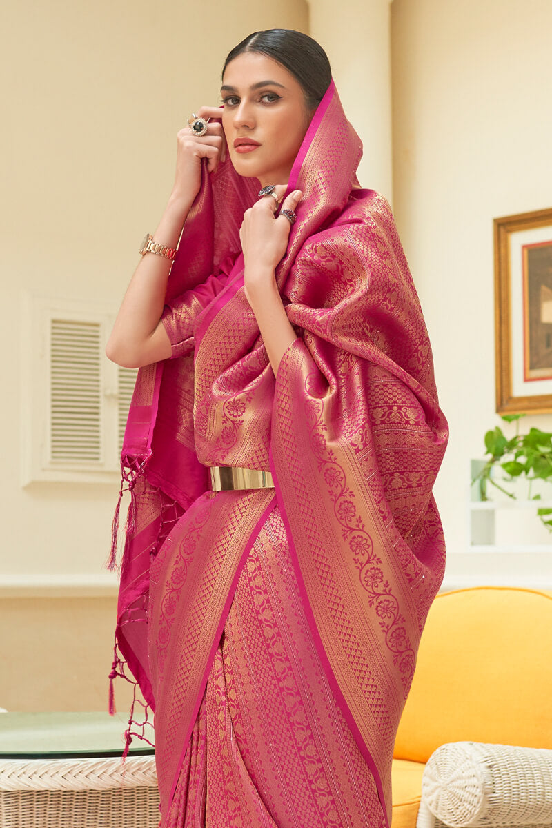 Allure Dark Pink Kanjivaram Silk Saree With Scintillating Blouse Piece