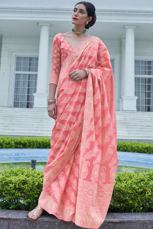 Fancifull Pink Lucknowi Silk Saree With Flameboyant Blouse Piece