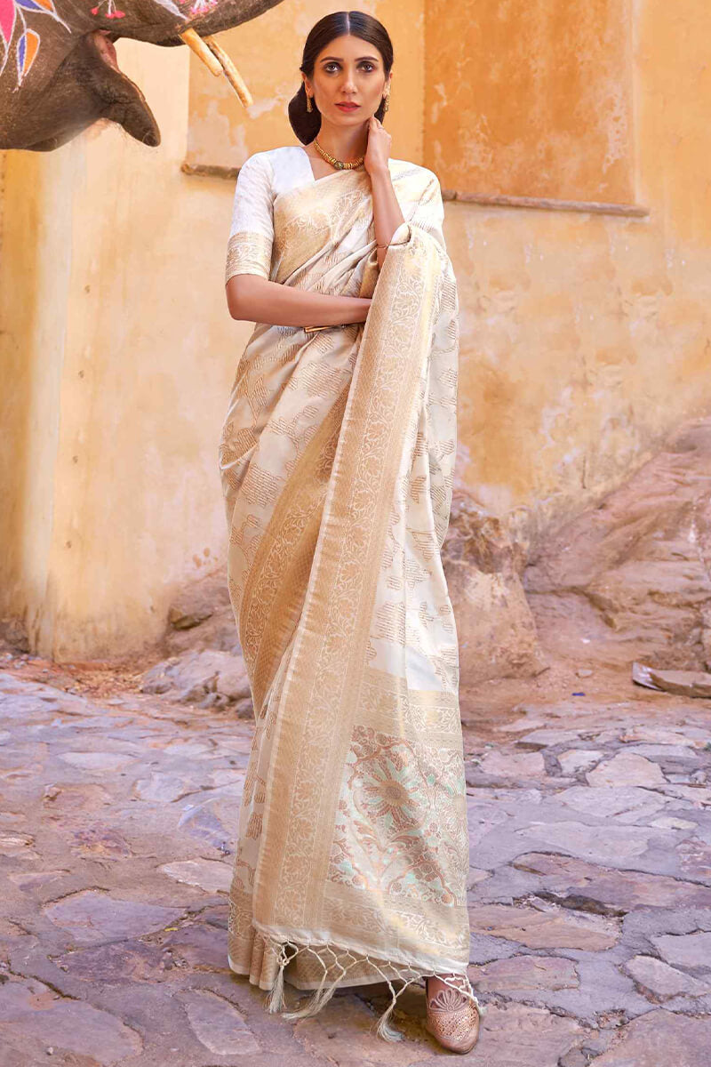 Glittering Beige Soft Banarasi Silk Saree With Tempting Blouse Piece