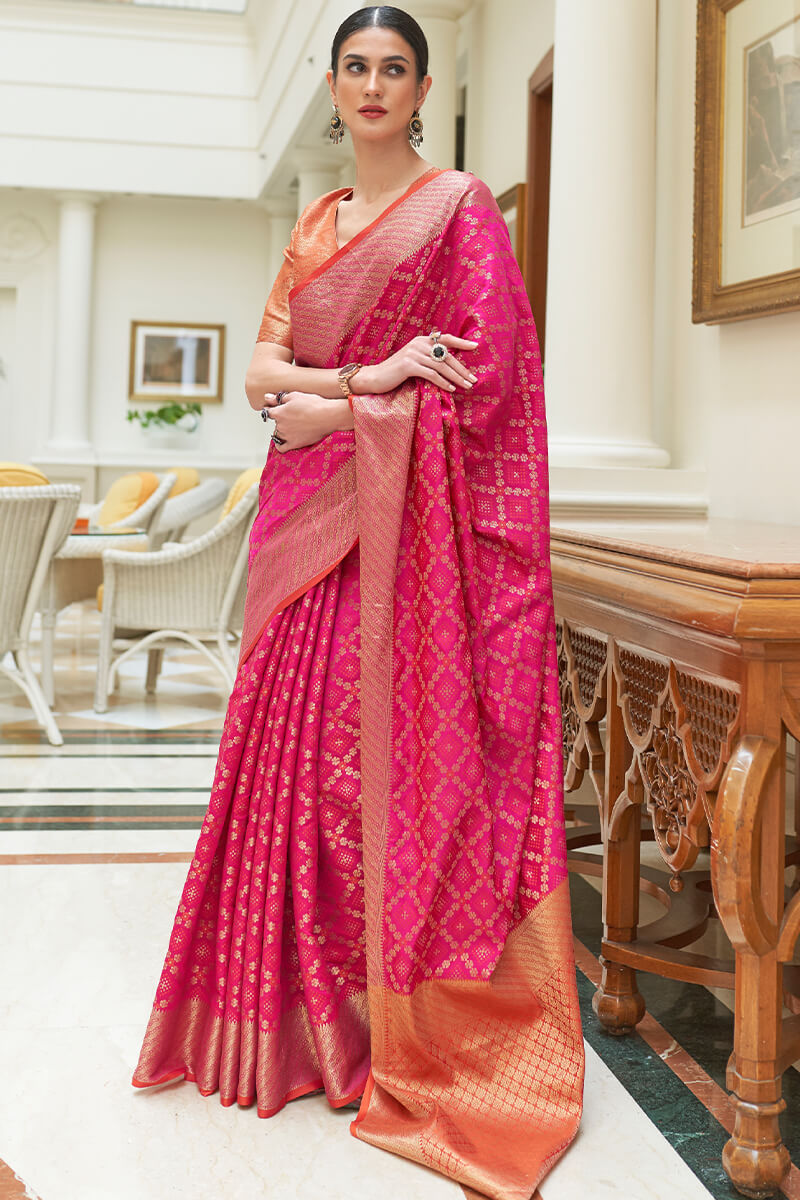 Improbable Dark Pink Soft Patola Silk Saree with Incredible Blouse Piece