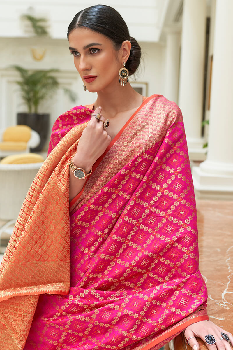 Grandiose Dark Pink Soft Patola Silk Saree with Ephemeral Blouse Piece