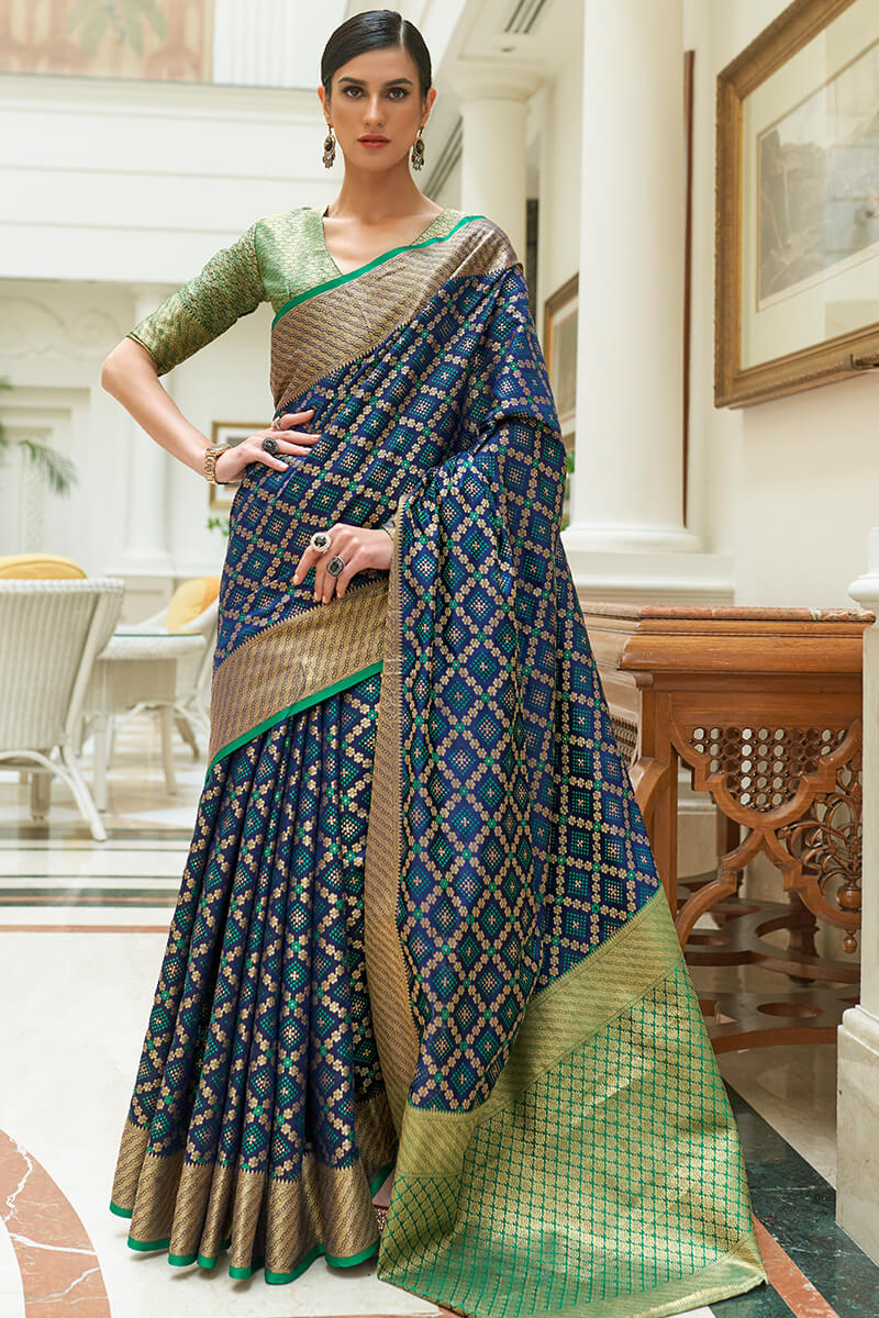 Bucolic Navy Blue Soft Patola Silk Saree with Gossamer Blouse Piece