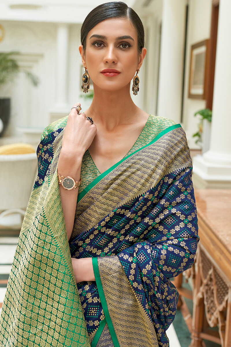 Bucolic Navy Blue Soft Patola Silk Saree with Gossamer Blouse Piece