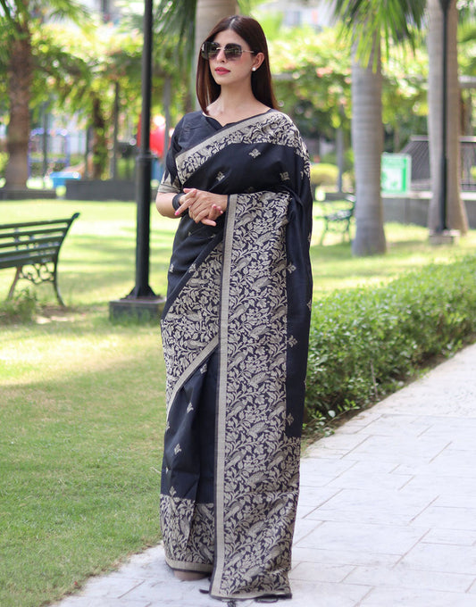 Black Handloom Raw Silk Saree With Weaving Butties Work