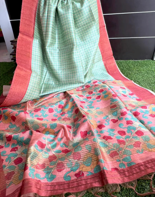 Green Colour Tussar Print Soft Saree With All Over Beautiful Print