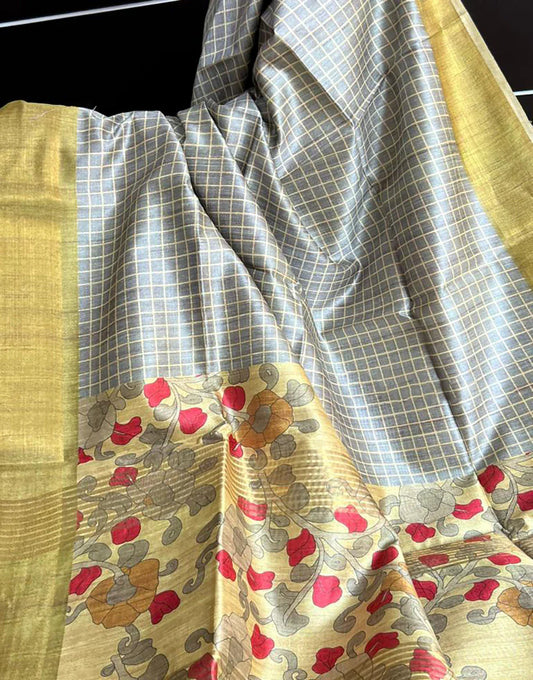 Gray Colour  Tussar Print Soft Saree with all Over Beautiful Print