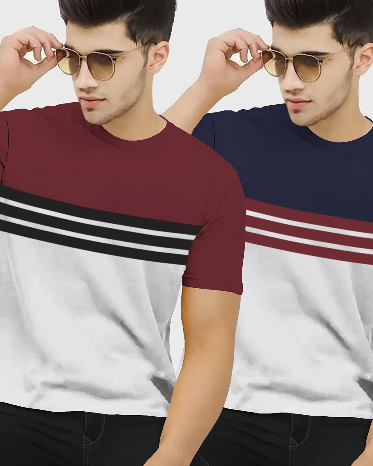 (Pack Of 2) Men Round Neck Half Sleeve Striped T-shirts / Navy Blue & Maroon