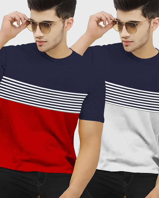 (Pack Of 2) Men Round Neck Half Sleeve Striped T-shirts / Navy Red & Navy Grey