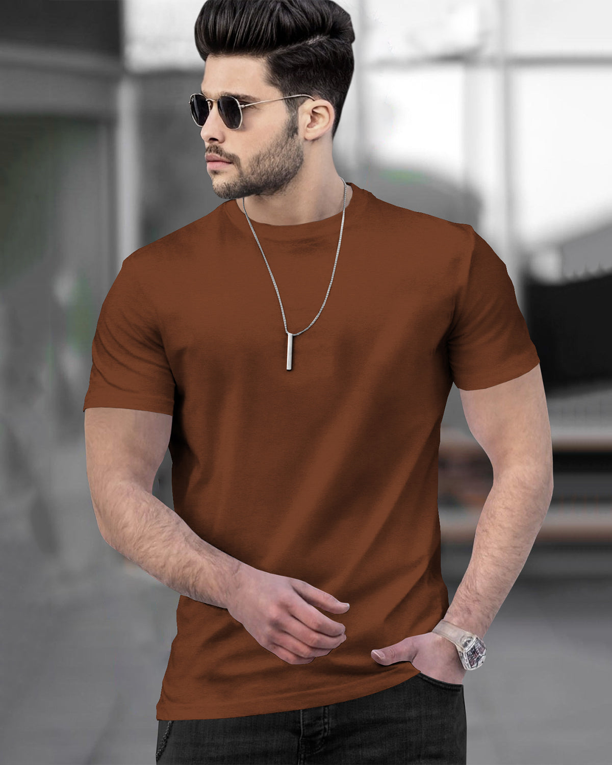 (Pack Of 1) Men Half Sleeve Round Neck Plain T-shirt / Brown