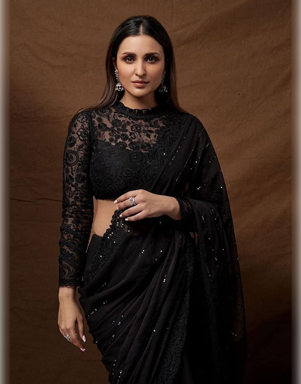 Black Georgette Saree With Embroidery Work & Sequence Work