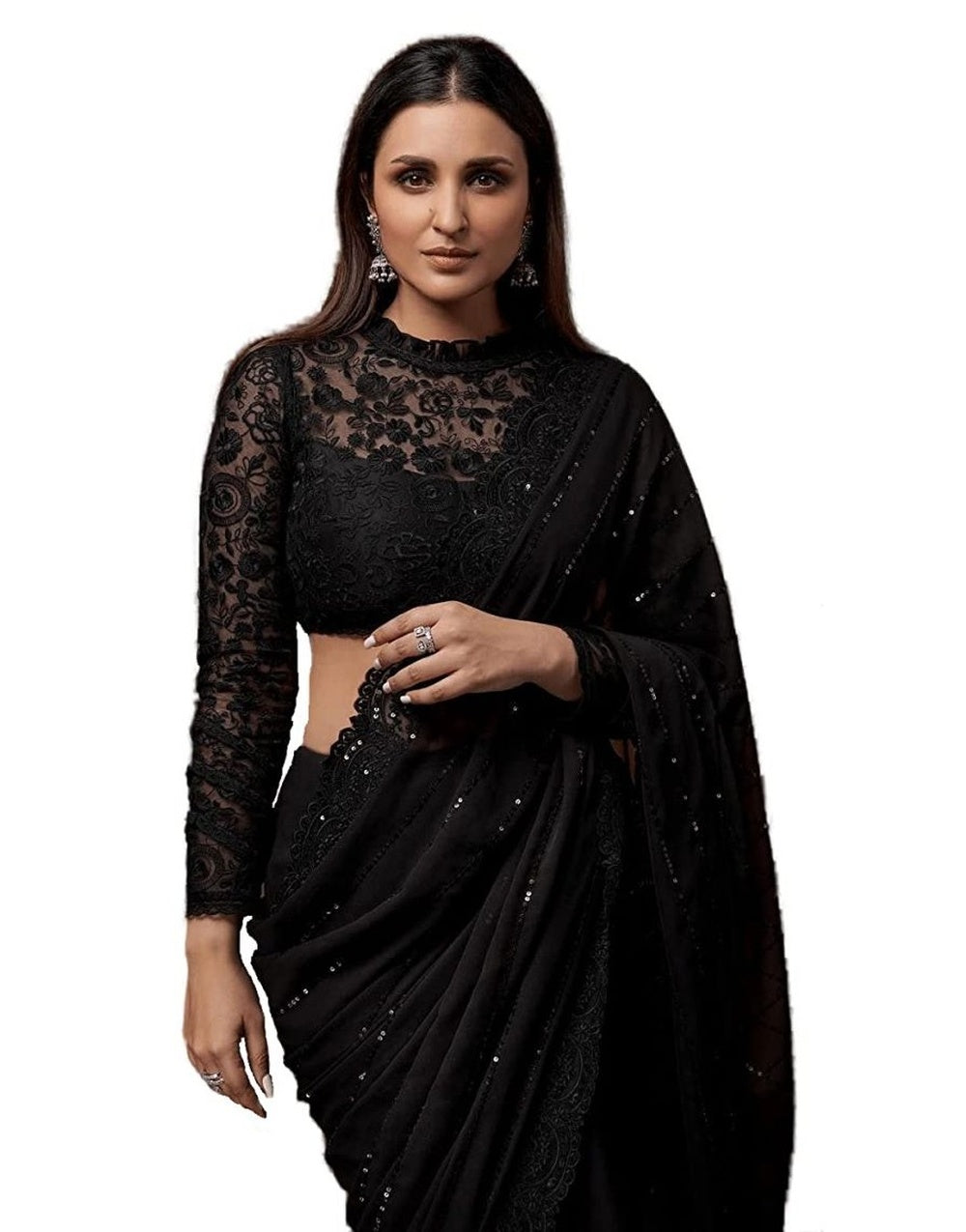 Black Georgette Saree With Embroidery Work & Sequence Work