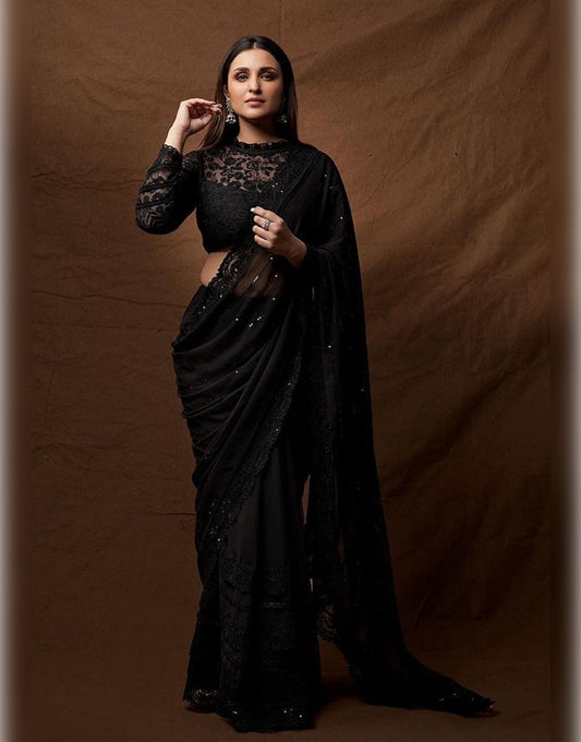 Black Georgette Saree With Embroidery Work & Sequence Work