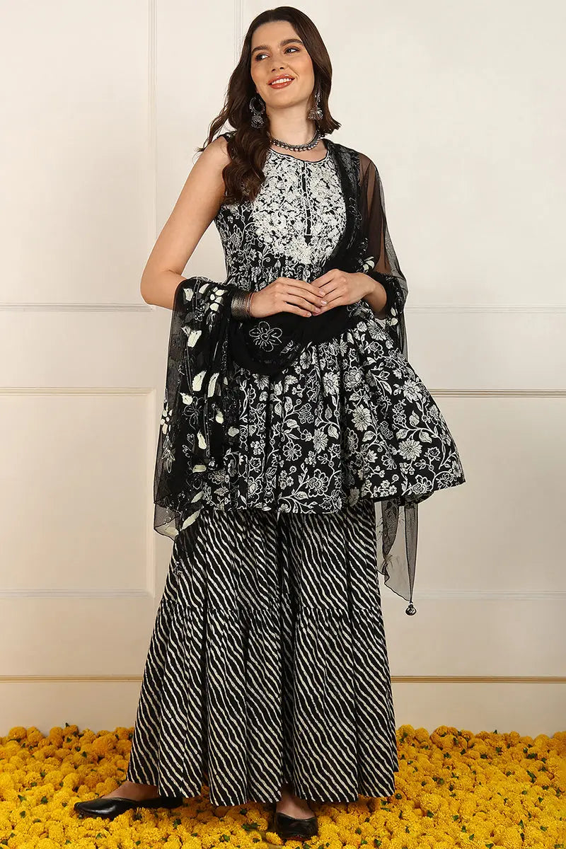 Black Cotton Floral Printed Embroidered Anarkali Suit Set JPSKD1003BLK