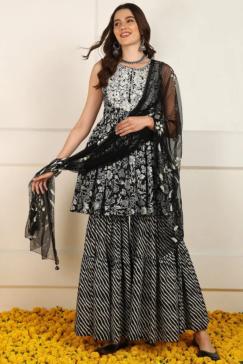 Black Cotton Floral Printed Embroidered Anarkali Suit Set JPSKD1003BLK