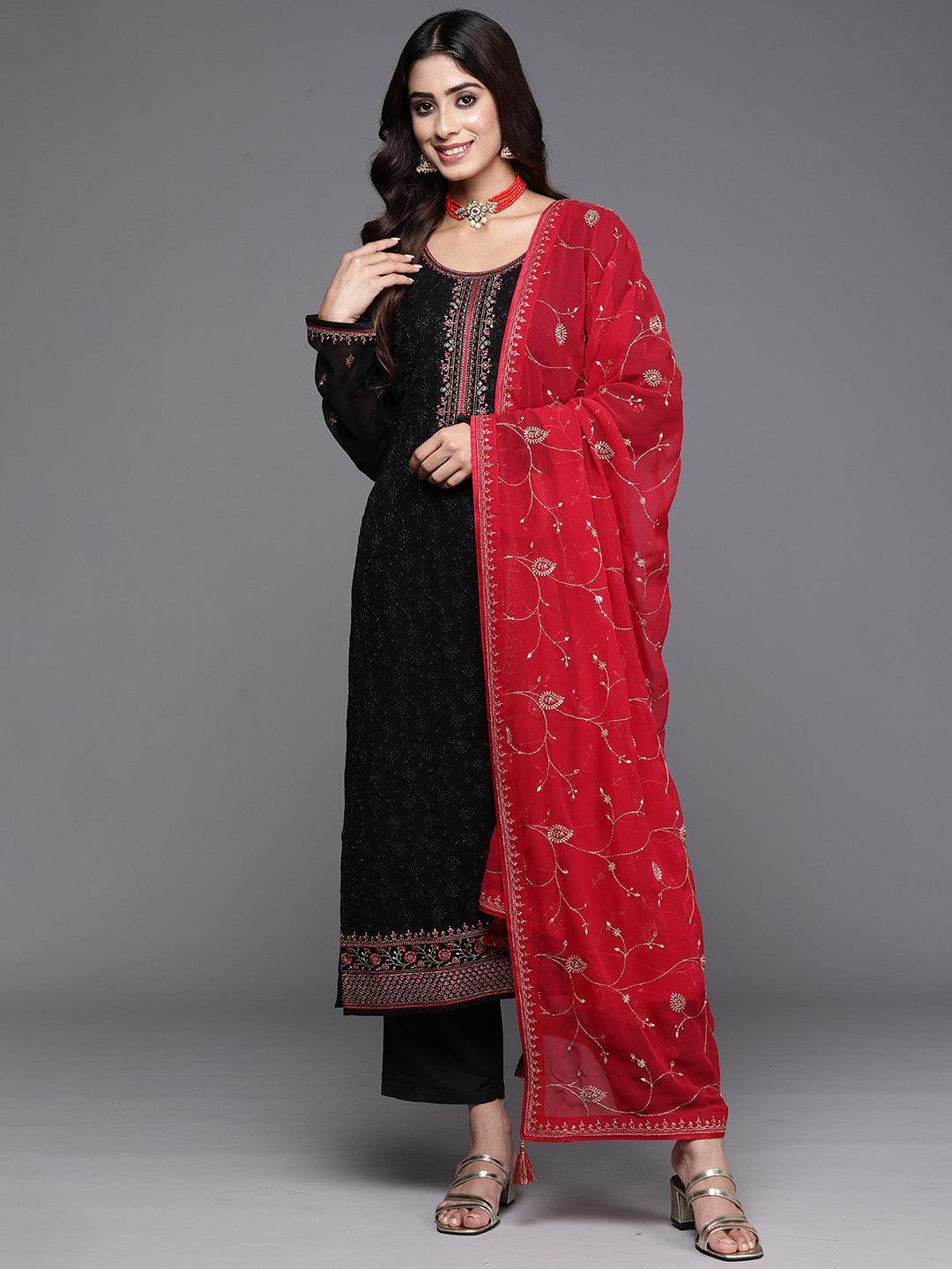 Black Embroidered Georgette Straight Suit With Dupatta