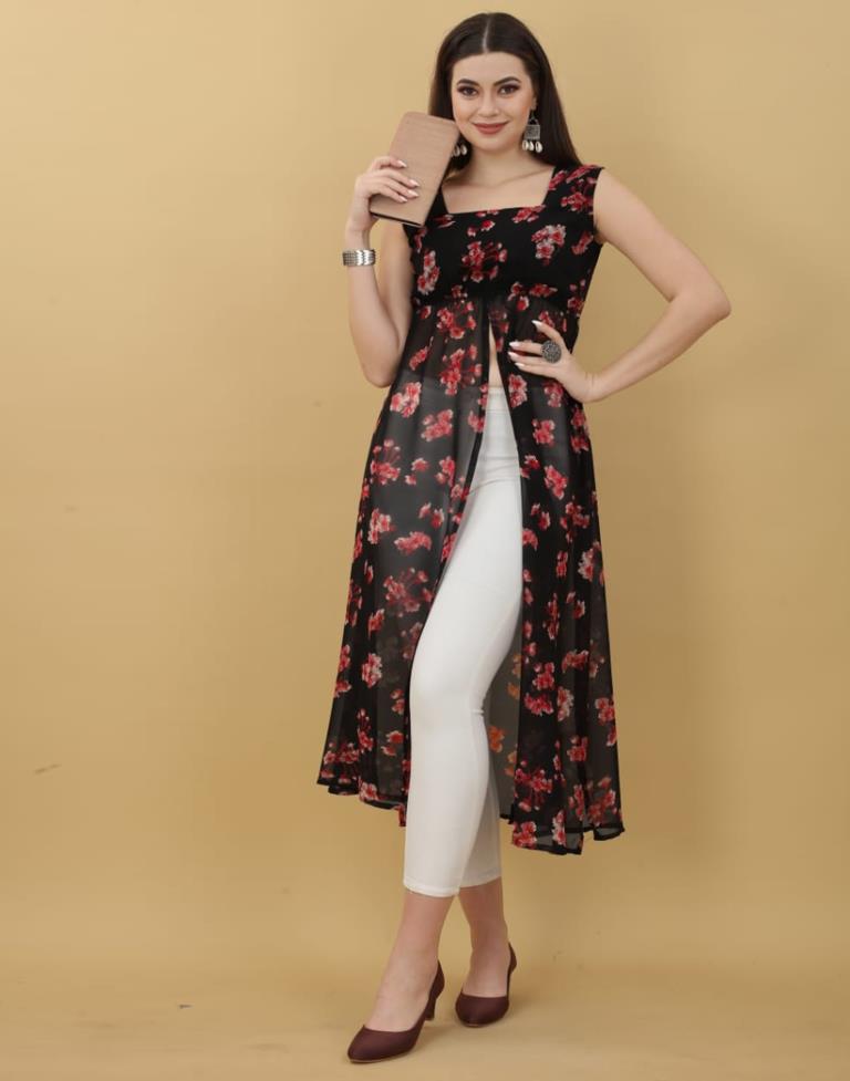 Black Printed Georgette A-Line Kurta