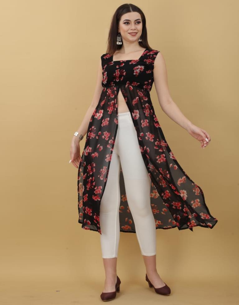 Black Printed Georgette A-Line Kurta