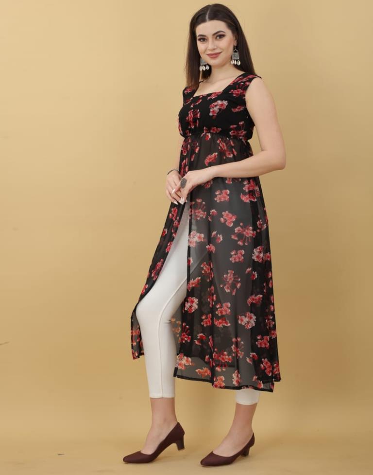 Black Printed Georgette A-Line Kurta