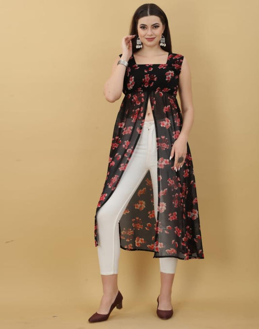 Black Printed Georgette A-Line Kurta