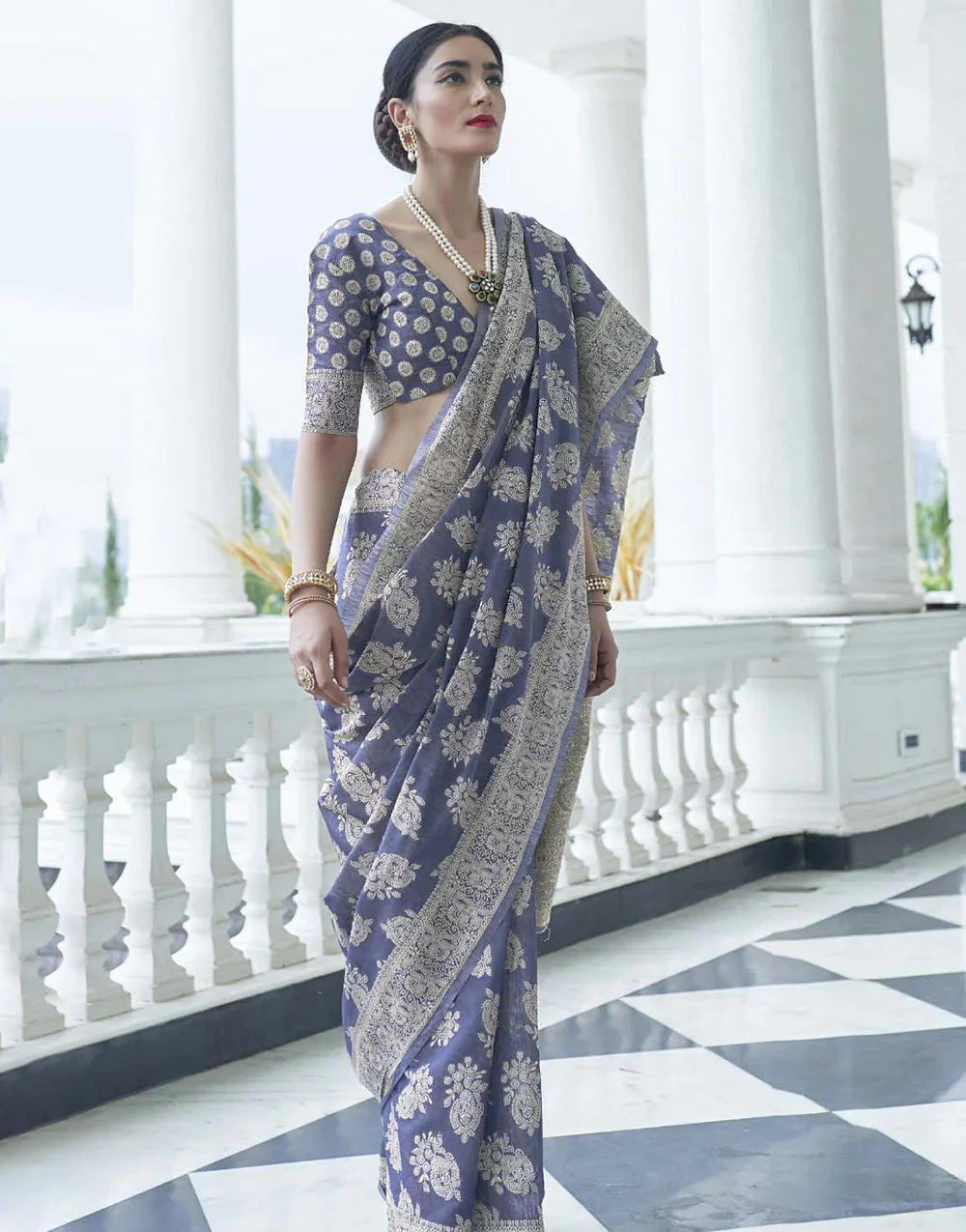 Beautiful Grey Lucknowi Cotton Silk Saree