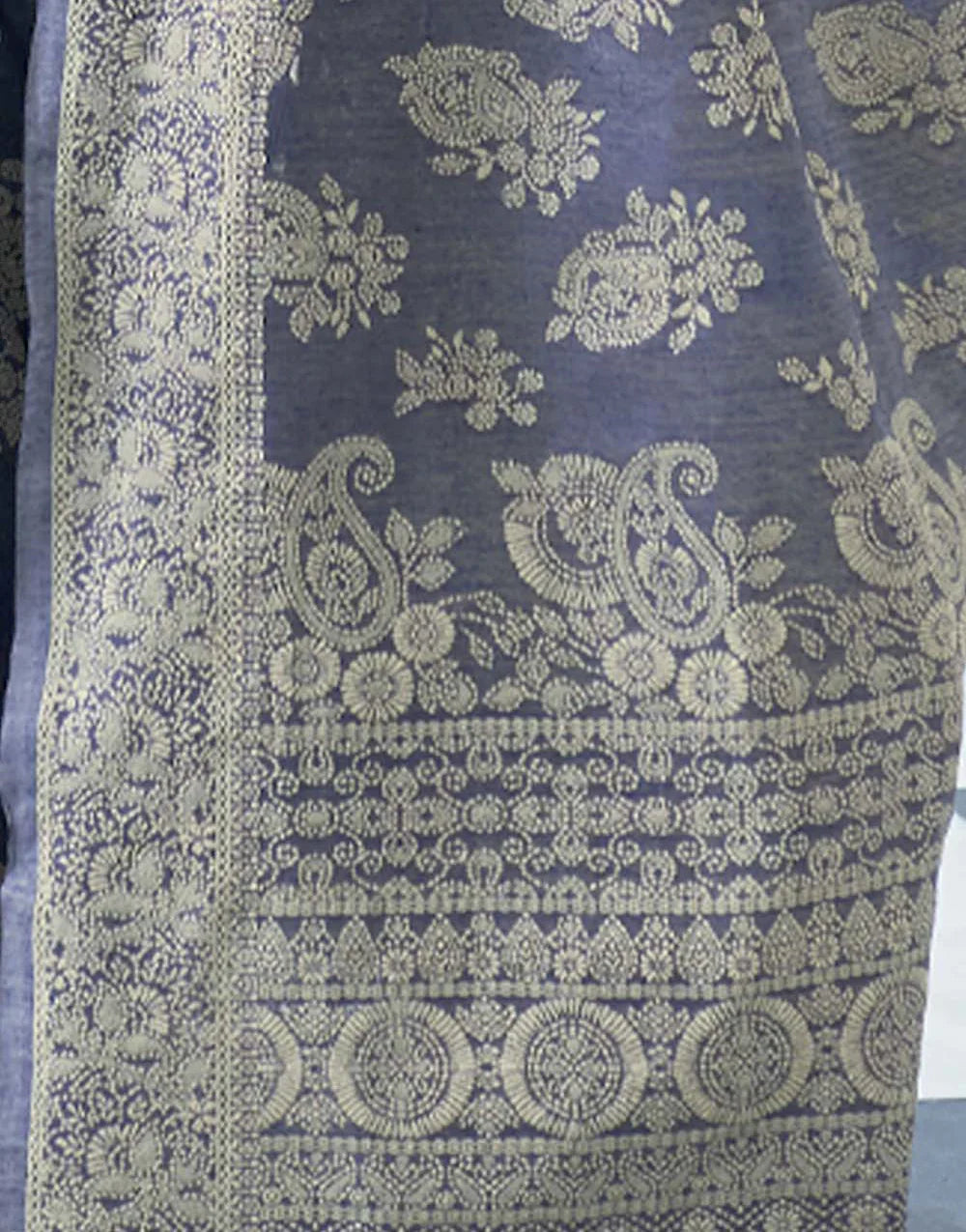 Beautiful Grey Lucknowi Cotton Silk Saree