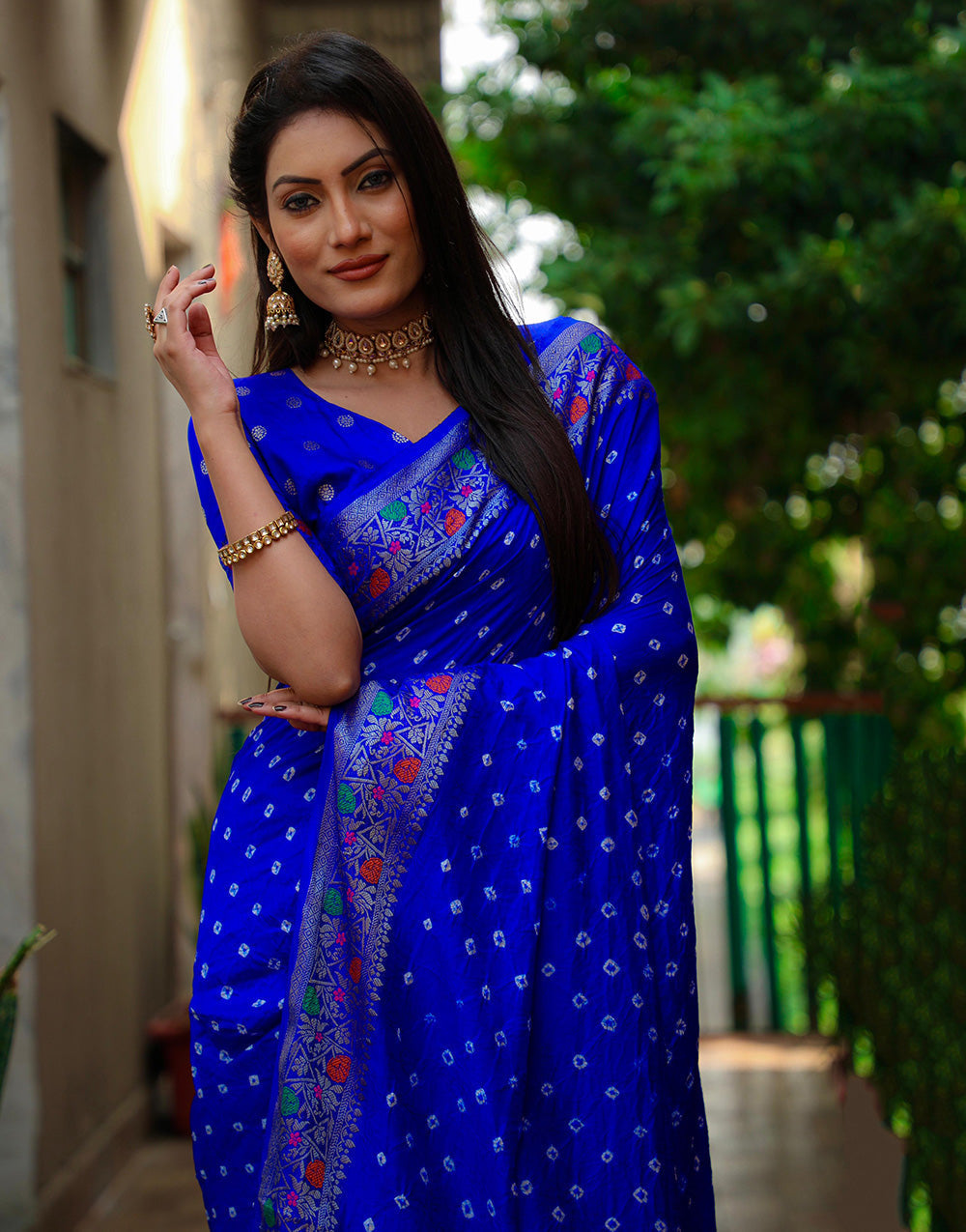 Blue Hand Bandhej Bandhani Saree With Zari Weaving Work