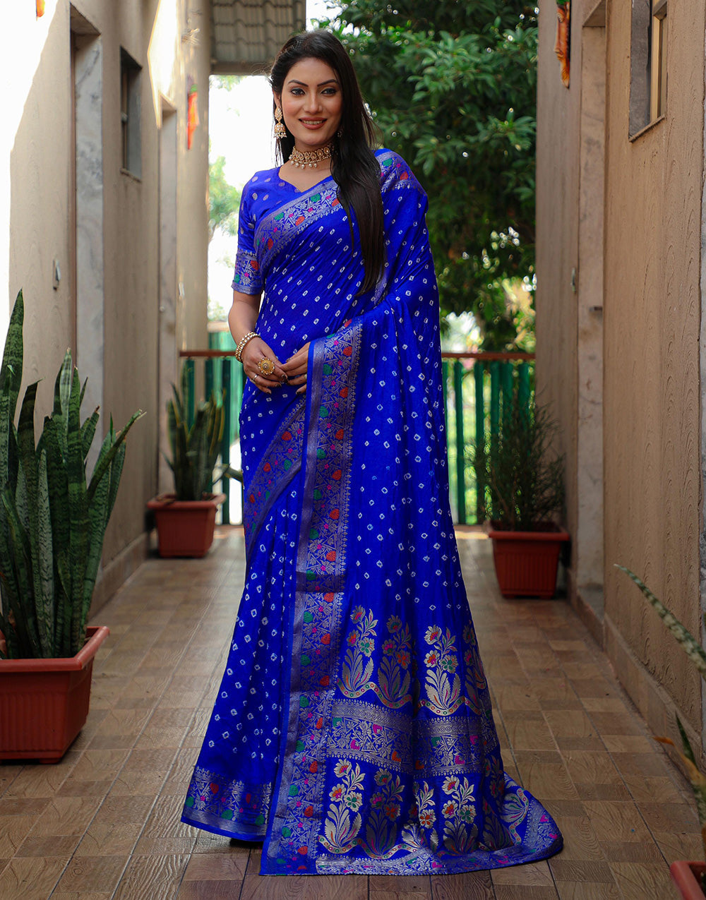 Blue Hand Bandhej Bandhani Saree With Zari Weaving Work