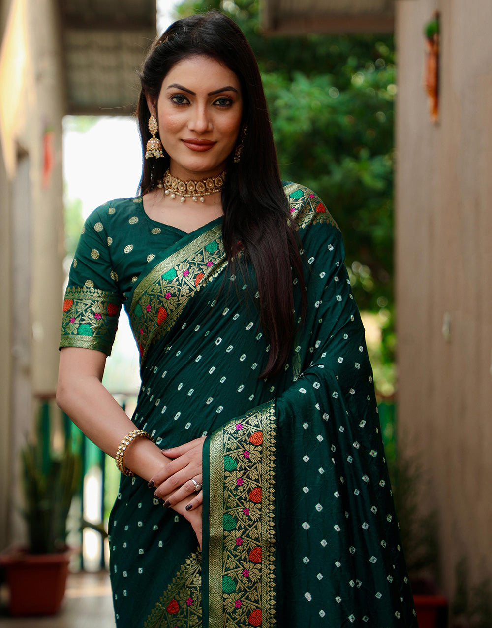 Dark Green Hand Bandhej Bandhani Saree With Zari Weaving Work