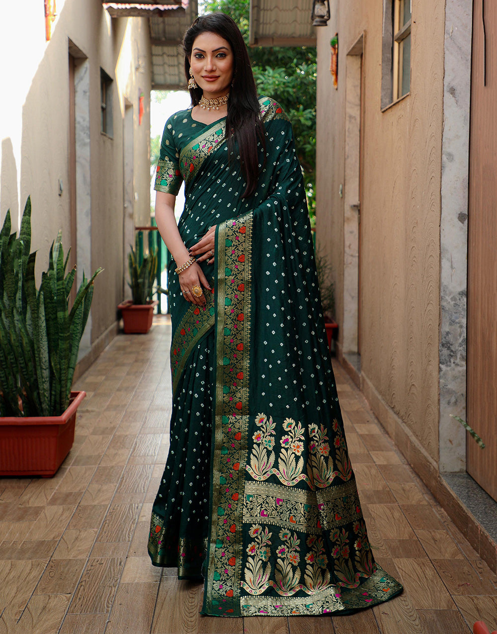 Dark Green Hand Bandhej Bandhani Saree With Zari Weaving Work