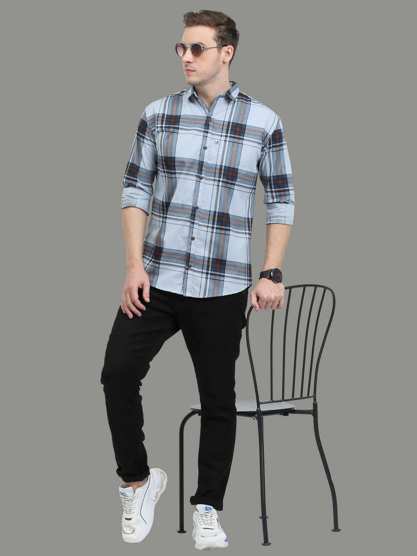 Broadchecks aquablue cotton blend checks shirt for men