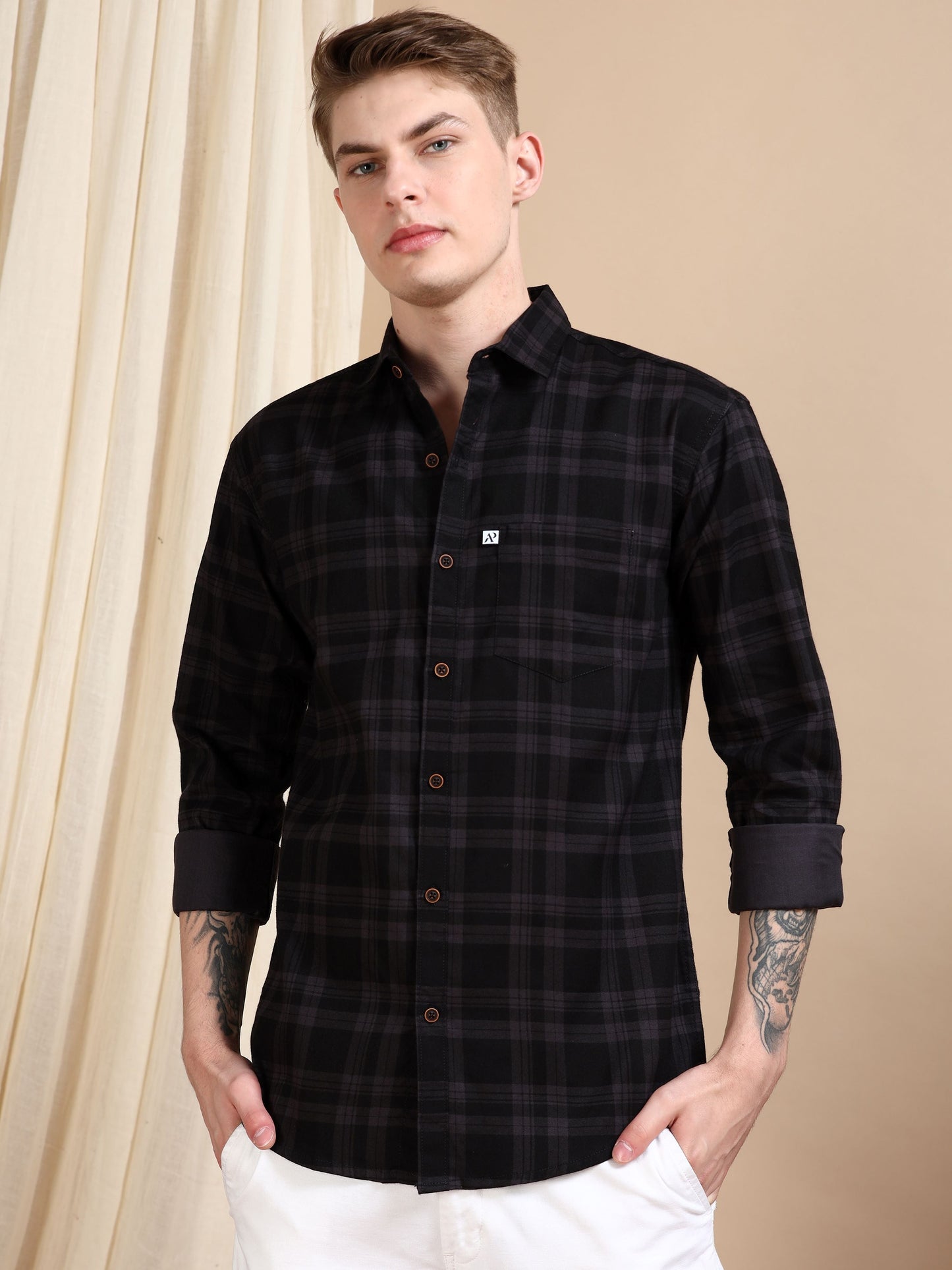 Grey Cotton Blend Checks Shirt For Men