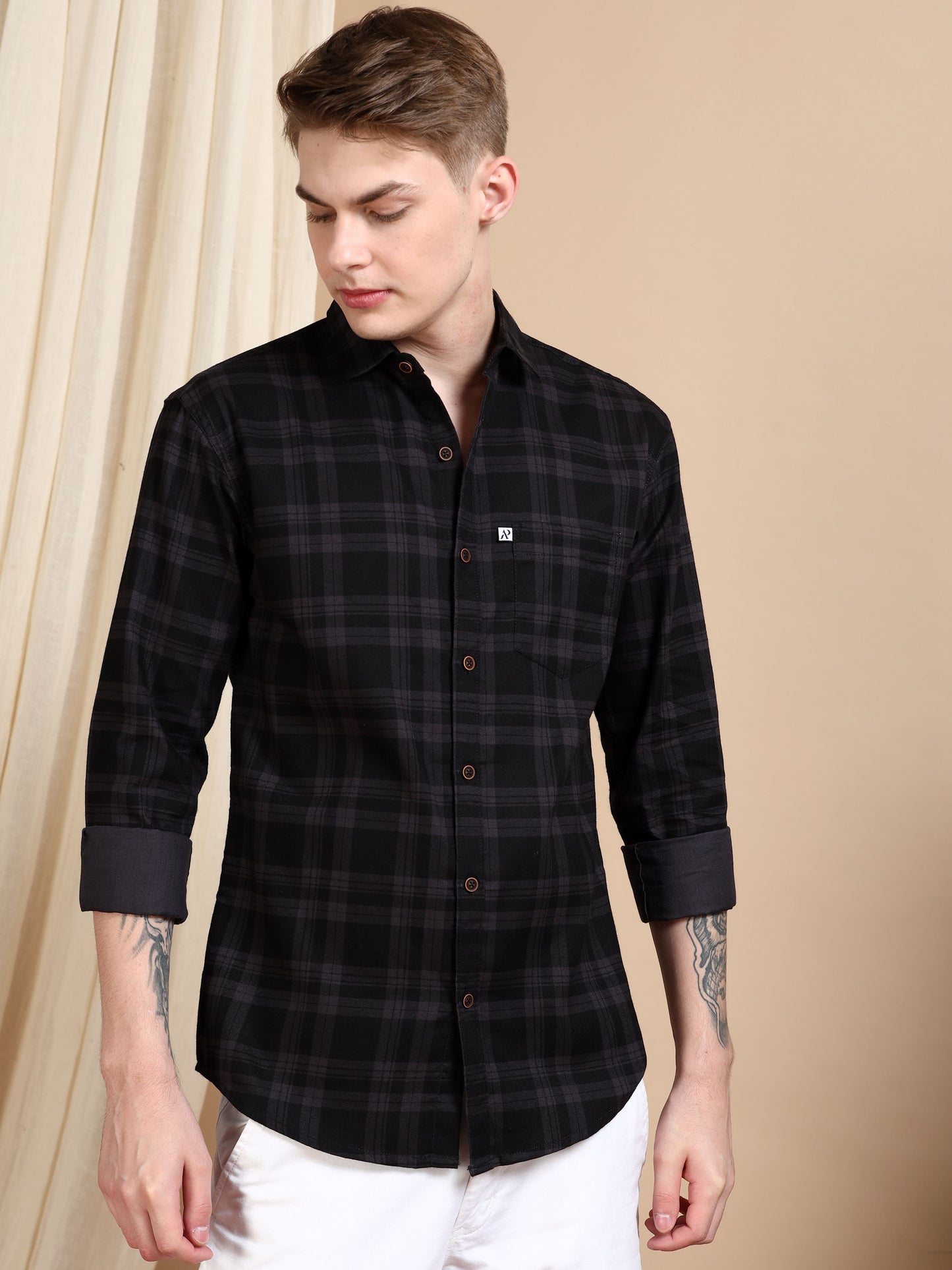 Grey Cotton Blend Checks Shirt For Men