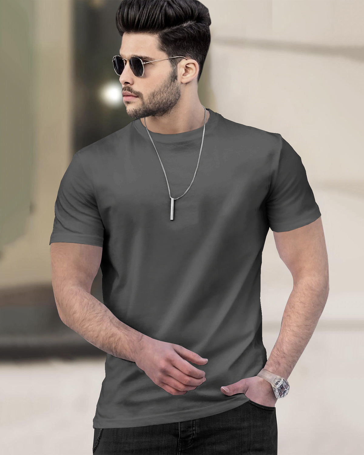 (Pack Of 1) Men Half Sleeve Round Neck Plain T-shirt / Dark Grey