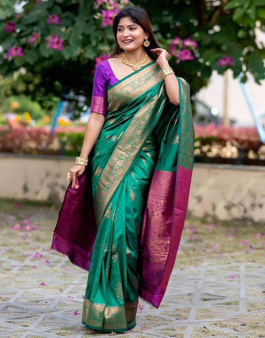 Green Soft Banarasi Silk Saree With Zari Weaving Work