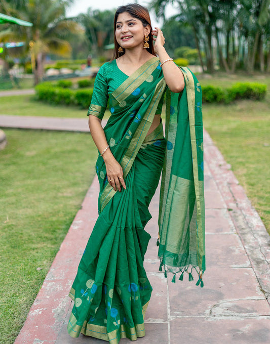 Green Linen Silk Saree With Zari Weaving Work