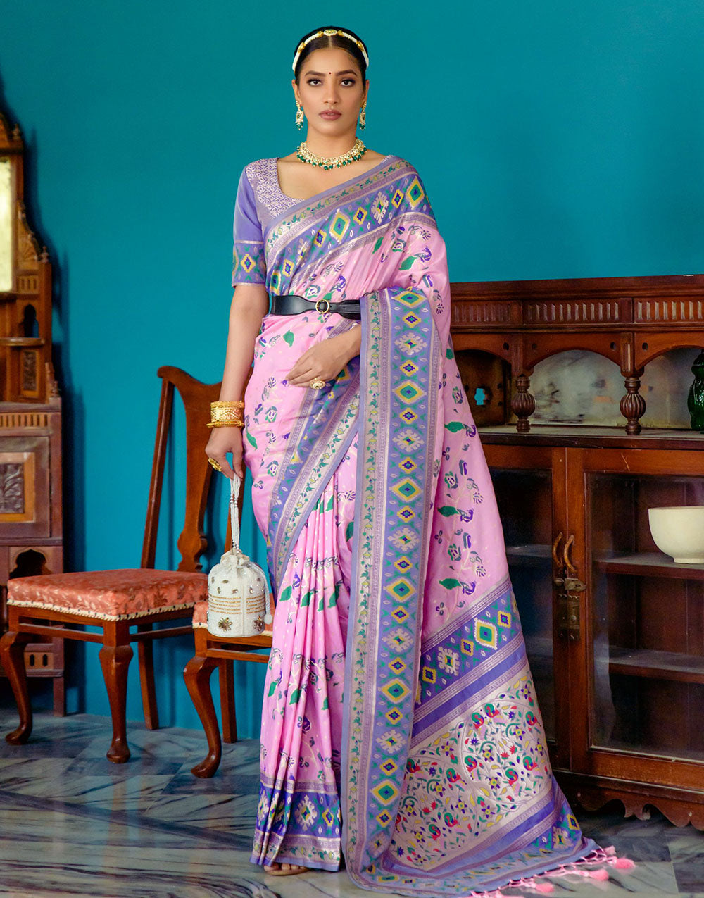 Baby Pink Paithani Silk Saree With Zari Weaving Work