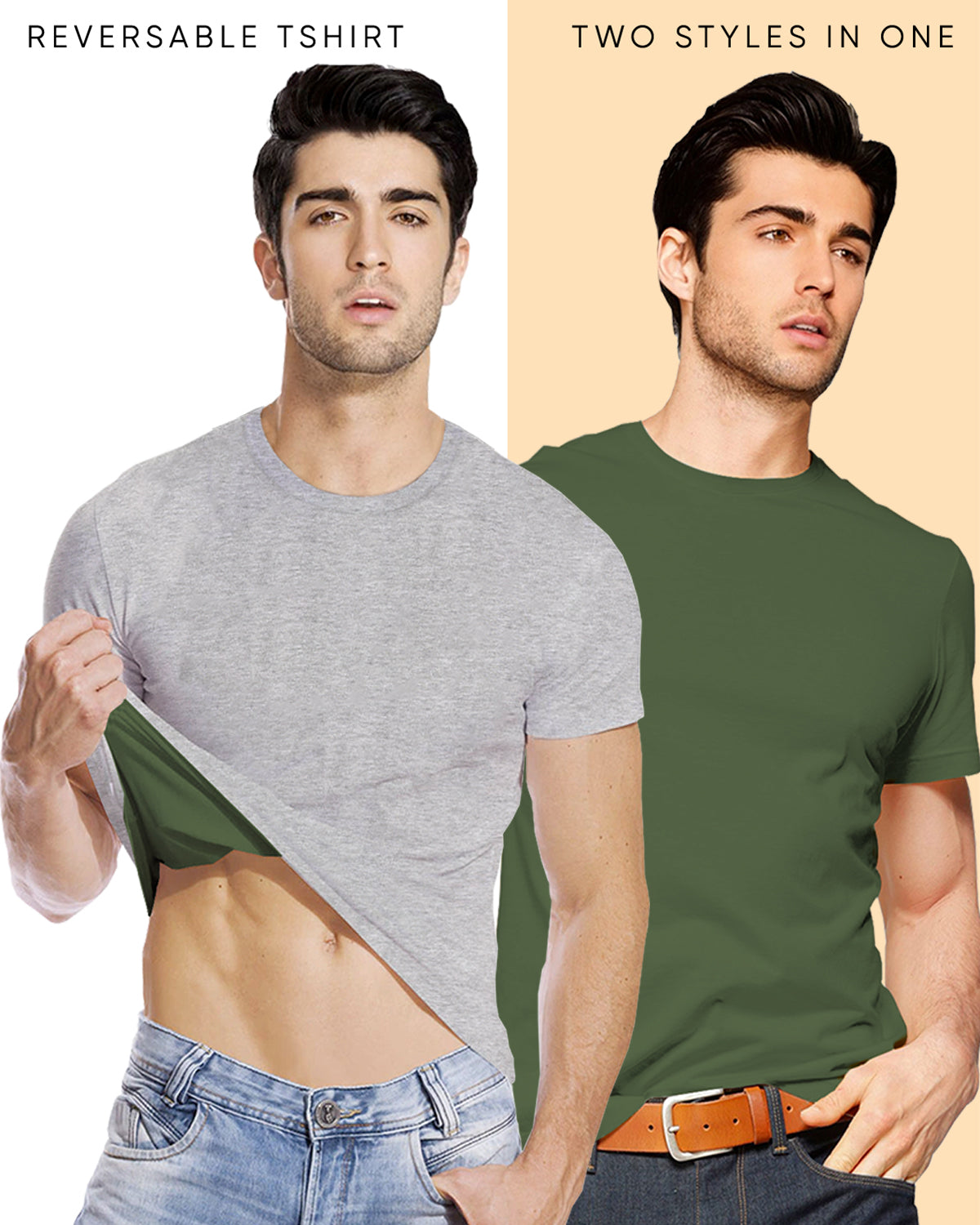 Olive Green & Grey Half Sleeve Reversible T-Shirt (Pack of 1)