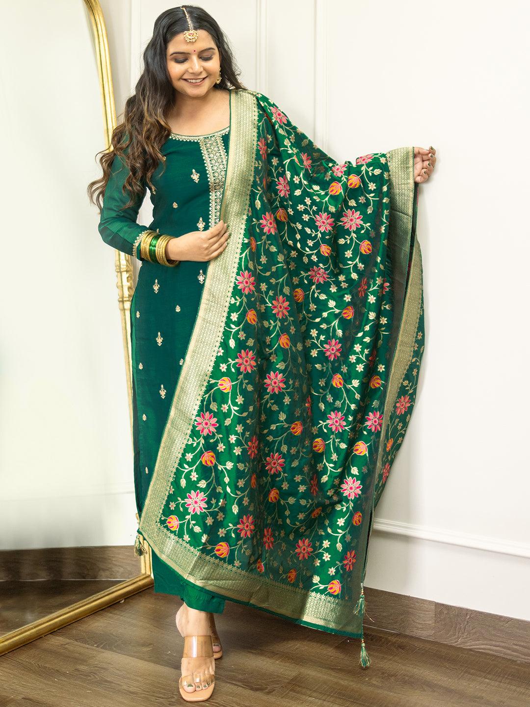 Green Embroidered Silk Blend Straight Suit With Dupatta