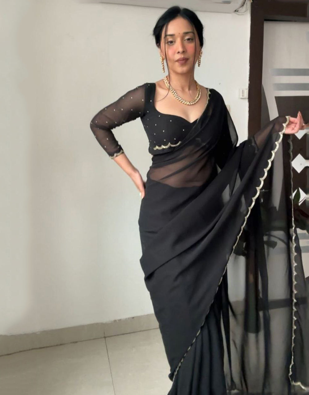 Black Georgette With Cutwork Border Ready To Wear Saree